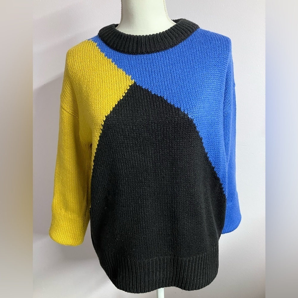 Bonbon Suere Women’s Crew Sweater, Small, Knit Stitch, Black/Blue/Yellow